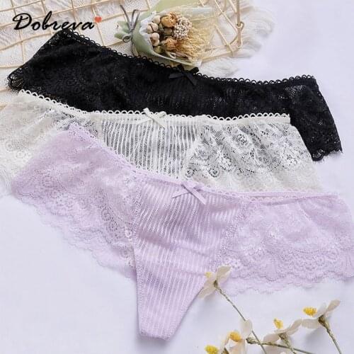 DOBREVA Womens Floral Lace Stripe Hipster Thong Panties