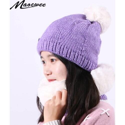 Women Two Piece Set Beanie Hat Scarf Set Winter Knitted Warm Outdoor Biggy Crochet Slouch Bonnet Hats With Thick Lining Female