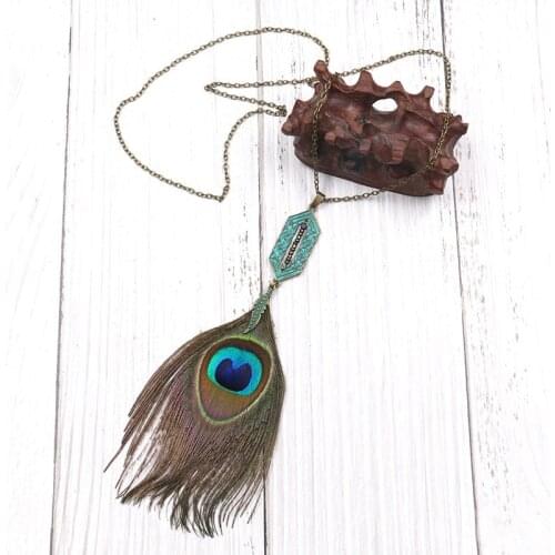 New Bohemian Tassel Peacock Feather Long Necklaces for Women Ethnic Color Beads Leaf Charm Necklace Jewelry Clothing Accesories
