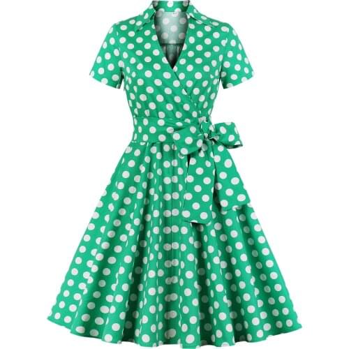 Hepburn Short Sleeve Women Summer Dress Office Slim Fit S-4XL Plus Size Ladies Cotton Vintage Rockabilly Green Polka Dot Dress