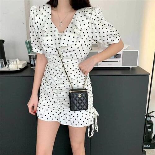 Summer new wave point dresses V-neck drawstring temperament slim Korean version dresses for women Short sleeve woman dress 2021
