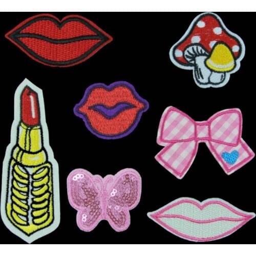 50pcs/lot Embroidery Patch Strawberry Bow Butterfly Lipstick Backpack Clothing Decoration Accessory Iron Heat Transfer Applique