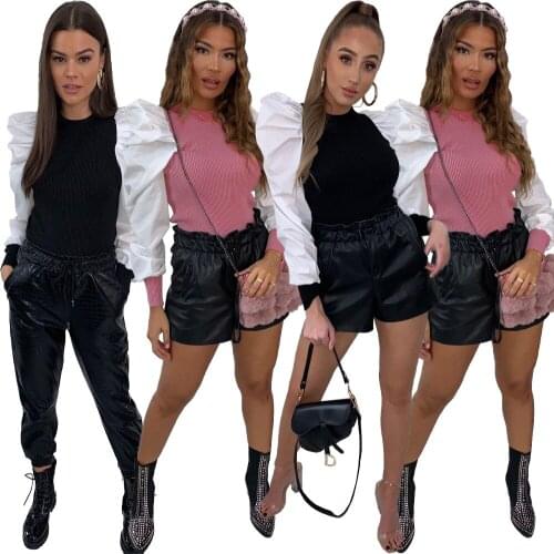 AR5384 Europe and the United States 2021 sexy womens clothing pure color temperament fashion casual puff sleeve top women