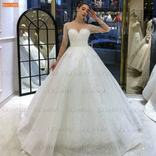 Sparkly Beading Wedding Dresses Long Sleeves Reflective 2021 Vestido De Noiva Bride Gowns For Women Custom Made Abito Da Sposa
