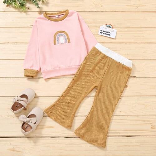 2-6Years Baby Long Sleeve + Flared Pants, Rainbow Print Elastic Waist Classic Round Neck Spring Clothing