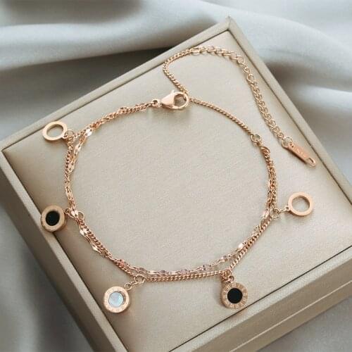 Stainless Steel 2 Layered Bracelet for Women Roman Numerals Shell Hand Chain Lip Chain Jewelry