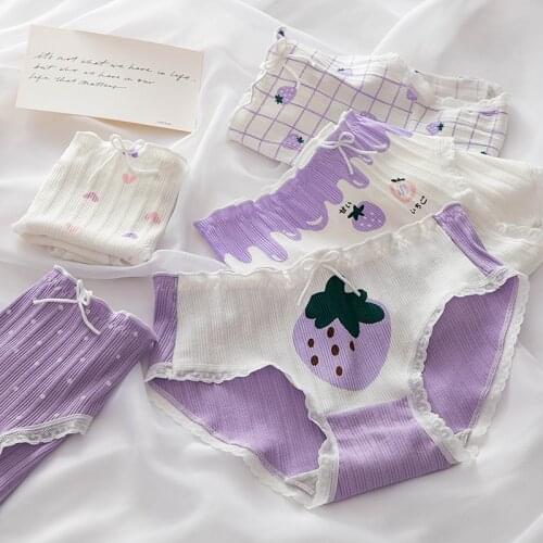 Cotton Womens Panties Cute Purple Strawberry Underwear Women Lingerie Female Panty Bow Lady Intimates Briefs Tangas NK30