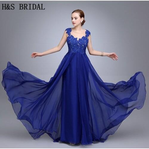 HS19 High Around Neck Blue Chiffon Cap Sleeves Lace Applique Beaded Sheer Back With Buttons Evening Dress 2020 New Arrival