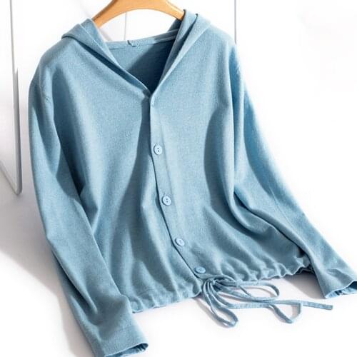 Loose Hooded Cardigan Women 2021 Spring Autumn New Solid Color Cashmere Casual Jacket Single Breasted Ladies Tops V-neck Knit