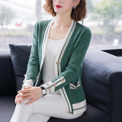 Spring And Autumn Cardigan Womens New Womens Spring V-neck Top Long Sleeve Sweater Color Matching With Sweater Coat