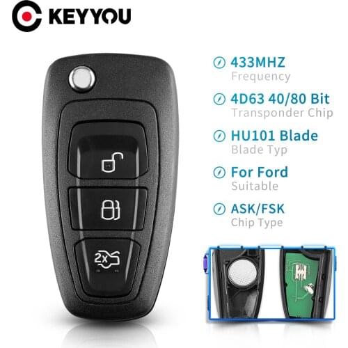 KEYYOU 434Mhz 4D63 Chip HU101 Remote ASK/FSK 3 Buttons Flip Remote Car Key Fob For Ford Focus Mondeo C-Max S-Max Fiesta 2013