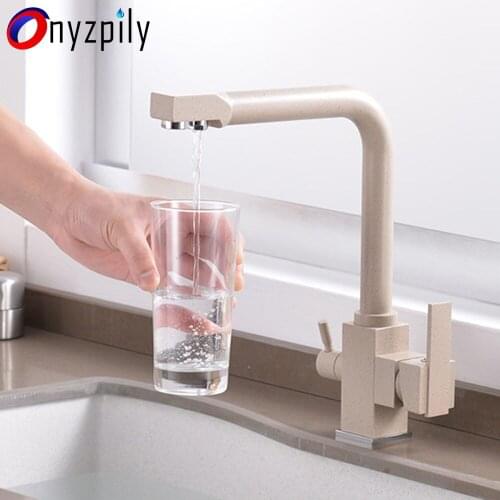 Onyzpily Beige Brass Luxury Pure Water Kitchen Faucet Dual Handle Hot and Cold Drinking Water 3-way Filter Kitchen Mixer Taps