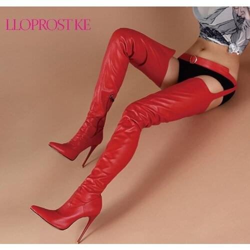Lloprost ke Sexy Female Over the Knee Boots Women Runway Show Night Club Party Shoes Stiletto Heel Thigh Crotch Boots Red