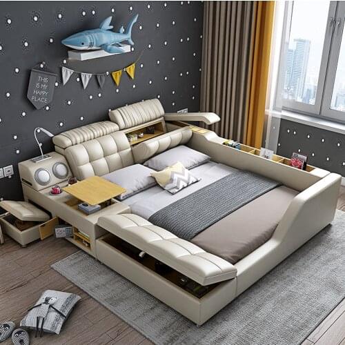 Genuine Leather multifunctional massage bed frame modern Nordic camas ultimate bed With storage LED light Bluetooth speaker safe