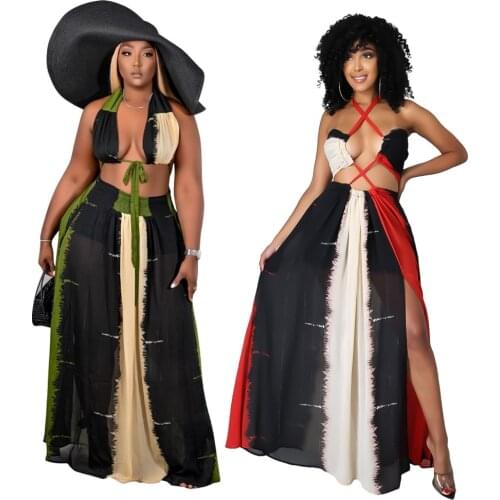 Fashion print sexy skirt suit womens clothing Summer Wrapped Chest Lace Slit Half Skirt 2 Piece Set plus size summer dress