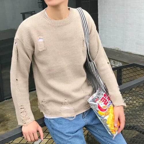 2021 Hot Mens Hole Sweater Ripped Tops Pullover Knitting Japanese Vintage Style Jumper Personalized Long Sleeve Casual