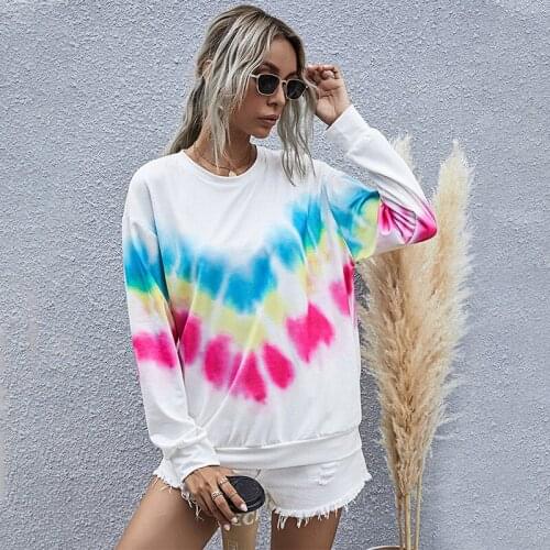Autumn Womens Sweatshirts Printing O-neck Long-sleeved LadyTie-dye White Tops Women Lady Tshirts Fashion Casual Loose O-Neck