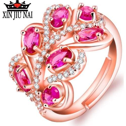 Open Adjustable Ethnic Style Wedding Rose Gold Rings For Women Luxury Leaves Ring Red Flower Cubic Zirconia Stone Ringen Bride