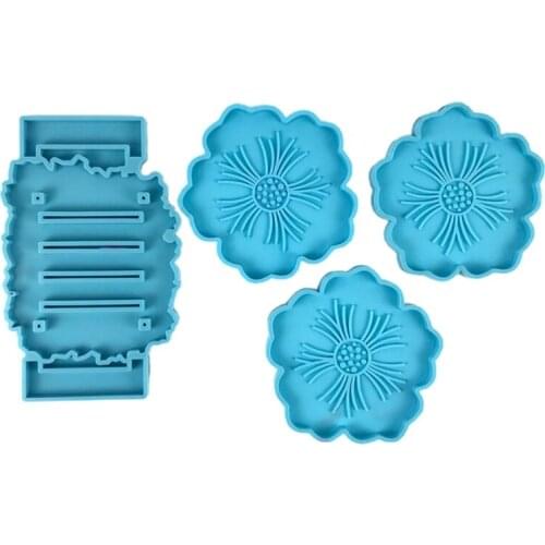 Flower Shape Coaster with Storage Rack Epoxy Resin Mold Cup Mat Silicone Mould T84A