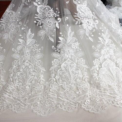 Off-white Car Bone Sequins Full Embroidered Lace Fabric Wedding Dress Cloth Width 130cm 1yard