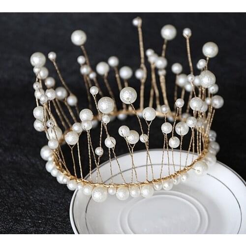 QCOOLJLY Exquisite Bridal Pearl Crown Tiaras Headband Cake Decoration Seagrass Pearls Baked Round Headdress Wedding Jewelry
