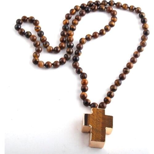 MD Fashion Beaded Jewelry Tiger Eye Stones Long Knotted Semi Precious TigerEye Cross Pendant Necklaces