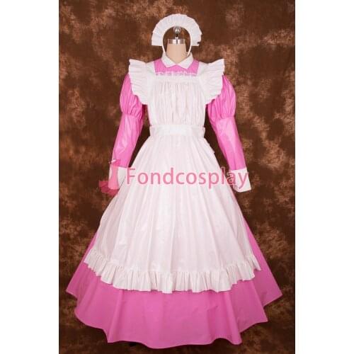 Sexy Lockable Pink PVC Sissy Maid Long Dress Cosplay Costume Uniform[P003]