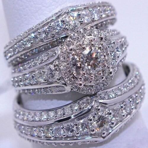 3Pcs/Set Bridal Set Ring Luxury Women Fashion Natural White Crystal AAA Cubic Zirconia Ring Wedding Jewelry Size 5-12