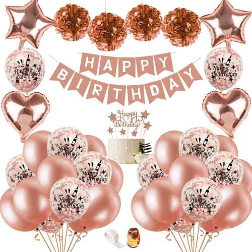 Girl Women happy Birthday Banners Rose gold Confetti balloons Paper tassel Decoration Aluminum foil Love stars festival Party