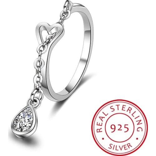 Hot Sale Fashion AAA Zircon Waterdrop Pendant Chain Rings 925 Sterling Silver Adjustable Heart Ring For Women&Girl Jewelry Gift