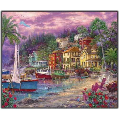 5D Diy Diamond Painting Cross Stitch Seashore Of Houses & Boats Needlework Diamond Embroidery Full Round Mosaic Decoration Resin