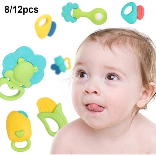 8/12Pcs Candy Color Animal Fruit Baby Hand Grip Rattle Teether Development Toy