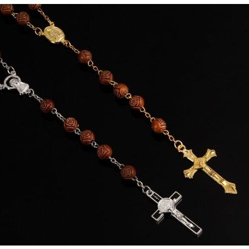 8mm Religious Benedict Cross Necklace, Catholic Fatima Center Rosary Necklace Prayer Rosary