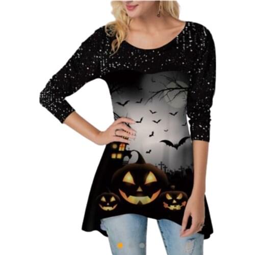 Irregular Pumpkin Print Halloween T shirt Clothing For Women Plus Size Long Sleeve Casual O-Neck Long T-Shirts Black S-5XL
