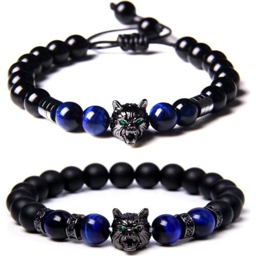 Tiger Eye Bracelets For Men Wolf Head Charm Onyx Lava Natural Stone Beaded Bracelet Yoga Elastic Rope Trendy Handmade Jewelry