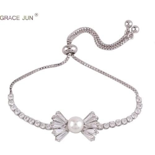 GRACE JUN Full AAA CZ Pearl Bowknot Shape Tennis Bracelet&bangle High Qualty Copper Material Charm Bracelets Wedding Bijouterie
