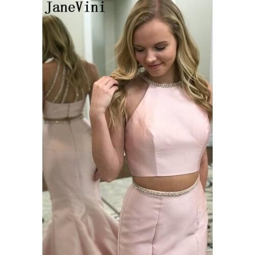 JaneVini 2019 Elegant Pink Two Pieces Long Prom Dresses Sleeveless Beaded Mermaid Satin Gown Sweep Train Evening Gowns Gala Jurk