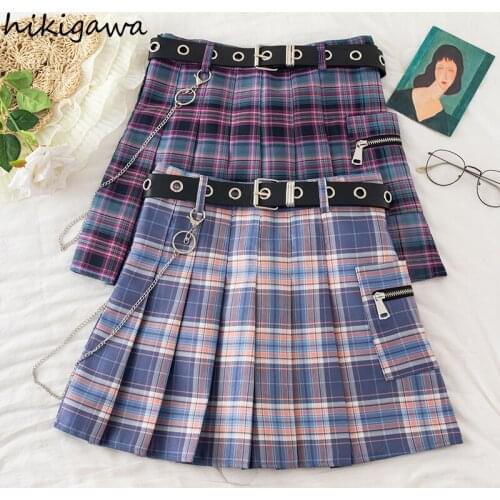 Hikigawa Womens Clothing A Line Skirts Korean Fashion High Waist Falda 2021 Summer Plaid Mini Skirt for Female Lady Faldas Mujer