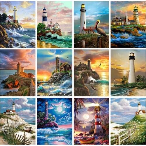 HUACAN 5D Diamond Painting New Lighthouse Diamond Embroidery Sale Seaside Landscape Pictures Of Rhinestones Mosaic Wall Art