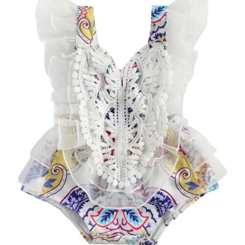 Toddlers Lace Embroidery Printing Rompers Infant Girls Sleeveless Multi-layer Jumpsuit Newborn Baby Girls V-neck Princess Romper