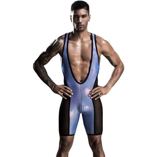 Mens Role Play Sexy Mesh Splicing Wrestler uniform,Gay Bar Pole Dance Perform Costumes