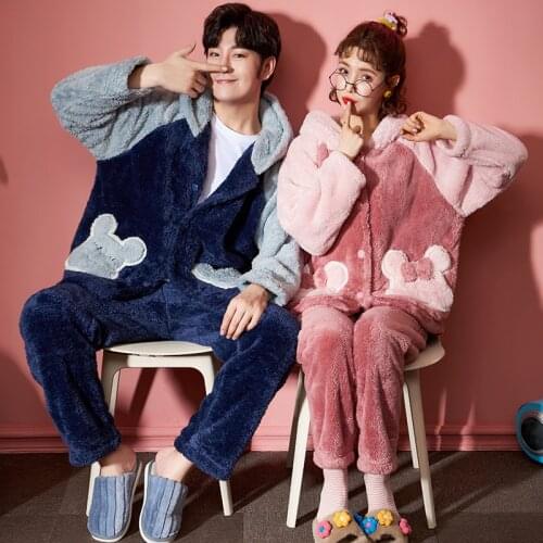 Lovers Pajamas Loose Version Lady Sleepwear Winter Pyjamas Flanner Pajama set Contrast Color Woman женский Nightdress Hooded