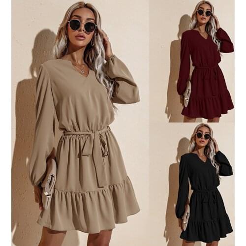Casual Long Sleeve Solid Lace Up Dresses For Women 2021 Spring Autumn Fashion V-neck A-line Slim Dress Black Ruffles Robe Femme