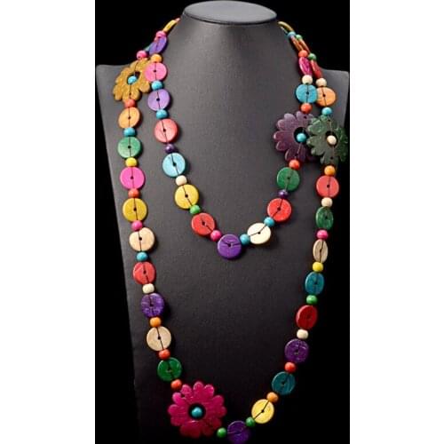 RE Womens long necklace beads flowers pendant natural coconut shell wooden necklaces bohemia handmade jewelry N35