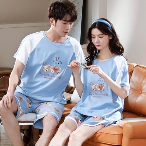 Cotto Couple Nightwear Spring Summer Short Sleeve Women Pajamas Fashion Sky Blue Patchwork Men Homewear Cartoon Kawaii Sleepwear