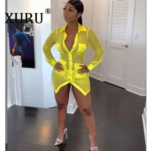 XURU Knitted Mesh V-neck Sexy Dress Summer New Womens Dress Club Nightclub Perspective Dress with Belt