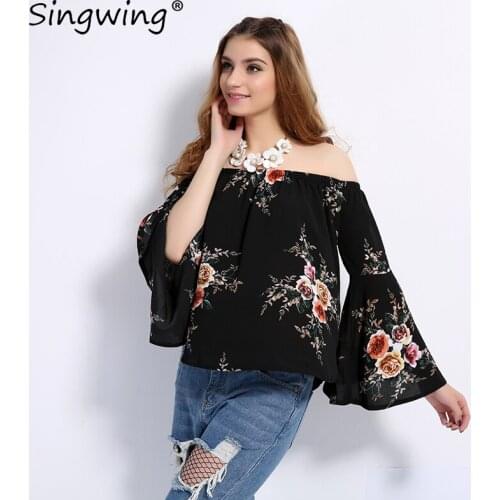 Singwing Women Flare sleeved Blouse Shirt Slash Neck wrapped chest Sexy Chiffon shirt Casual female Shirts Blouse