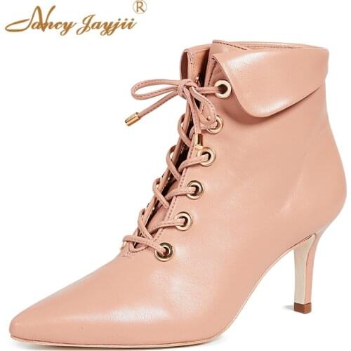 2021 Winter Women Ankle Boots Lace-up Fashion Shoes Thin Heels Dress Party Autumn/Winter Big Size 42 41 Turned-over Apricot