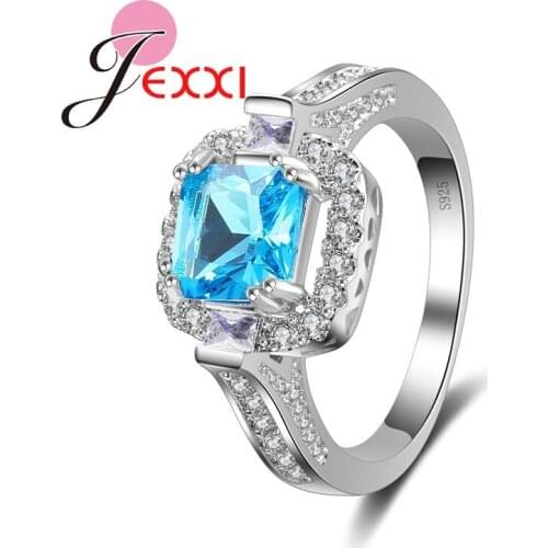 Brand Luxury Blue Cubic Zircon Crystal Wedding Engagement Rings For Women Sterling Silver 925 Fashion Rings Bijoux Femme