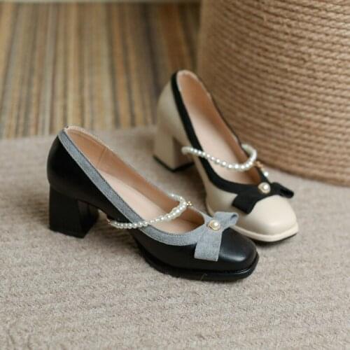 Luxury Bow-knot beads mary jane shoes women square toe shallow woman pumps talons hauts thick high heels pearl lolita shoes 2021